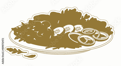 A plate of food with various ingredients and garnishes.