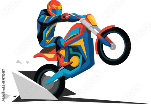 Motorbike stunt rider vector illustration. Extreme motocross jump with front wheel lift. Bold geometric sports action isolated on white background.