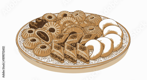 Assorted sweet and savory cookies on a decorative platter.
