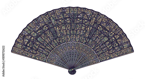 Antique Handheld Fan with Intricate Designs and Ornate Patterns.