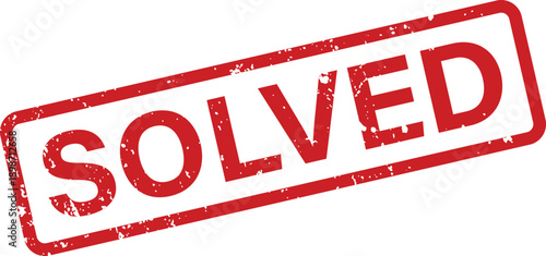A vibrant red rectangular stamp features the word SOLVED on a bright white background