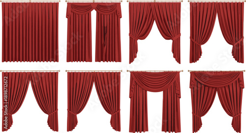 Red theater curtain vector collection. Stage drapes in multiple opening styles. Classic velvet curtains for performance scenes isolated on white background.