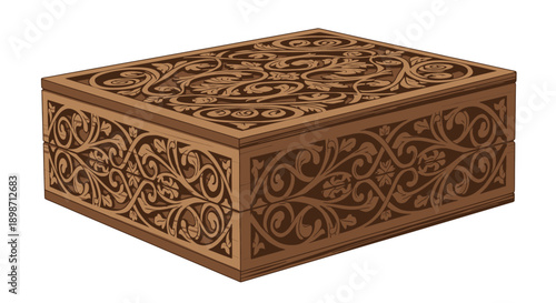 Intricately carved wooden box with ornate floral patterns on lid and sides.