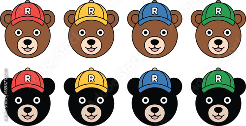 Cute bear face icon set vector. Smiling teddy bear heads wearing colorful caps, playful cartoon animal characters for kids, logos, and mascot designs.