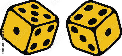 Yellow dice icon vector illustration. Classic gambling cubes with black dots. Simple cartoon casino game symbols isolated on white background.