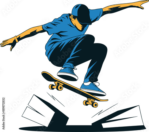 Urban skateboard jump illustration vector. Street skater performing aerial trick with board. Bold flat style extreme sports artwork isolated on white background.