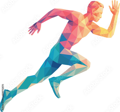 Low poly running athlete vector illustration. Dynamic male sprinter in motion. Geometric polygon sport character isolated on white background.
