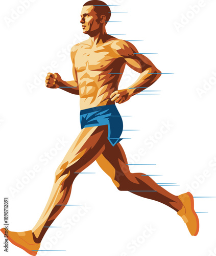 Running athlete vector illustration. Dynamic male runner with motion speed lines. Sport fitness character in action isolated on white background.