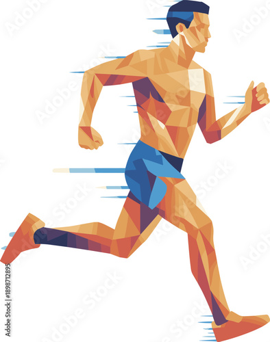 Low poly running athlete vector illustration. Dynamic male runner with speed motion lines. Geometric polygon sport character isolated on white background.