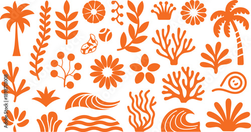 Abstract tropical nature vector set. Stylized plants, coral and waves. Minimal organic shapes for modern summer design isolated on white background.