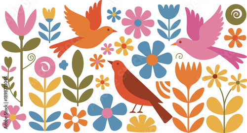 Cute birds and flowers vector set. Colorful folk art nature illustration. Scandinavian style floral elements isolated on white background.