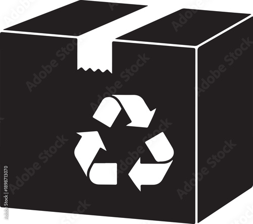 Recyclable cardboard box with recycling symbol on transparent background for ecofriendly packaging