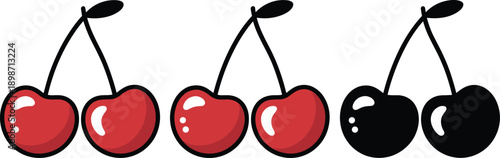 Cute cherry icon vector set. Sweet double cherries in red and black styles, simple cartoon fruit symbols for stickers, logos, and kids designs.