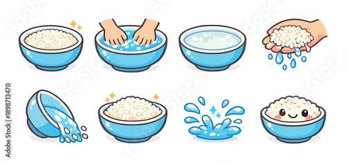 Cute cartoon guide to washing rice with blue bowls and happy rice characters
