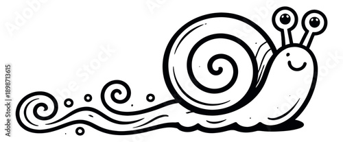 Hand drawn line art illustration of a cute snail depicting it crawling and smiling for nature and children's designs