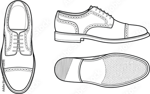 Men formal shoe flat sketch vector. Front, side and bottom view technical footwear drawing, classic leather business shoe outline for fashion design.