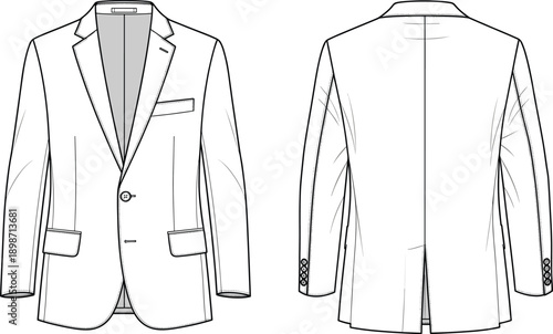 Men blazer flat sketch vector. Front and back technical jacket drawing with tailoring details, fashion template outline for apparel design.