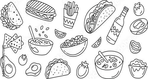 Mexican food line art set with tacos nachos burritos avocado and salsa for coloring book pages