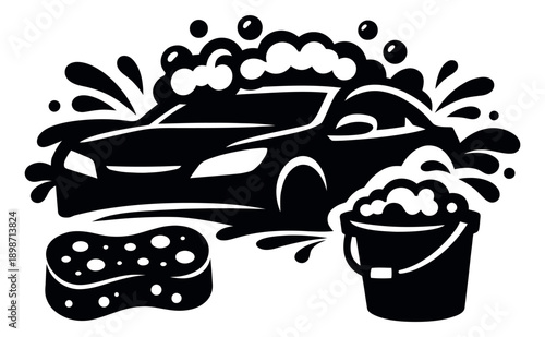 Graphic illustration of a car depicting washing with suds, a sponge, and a bucket for auto cleaning service
