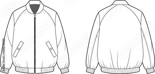 Raglan sleeve bomber jacket outline illustration. Front and back views with zip closure, ribbed cuffs and hem details. Clean vector outerwear drawing for modern fashion design.