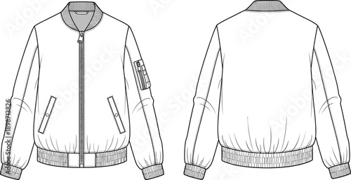 Utility bomber jacket technical line illustration. Front and back views with sleeve pocket, zipper closure and ribbed trims. Clean vector outerwear drawing for modern fashion and streetwear design.