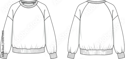 Raglan sleeve sweatshirt technical outline. Front and back views with ribbed cuffs and hem construction. Clean vector garment illustration for casual wear and sports apparel design.