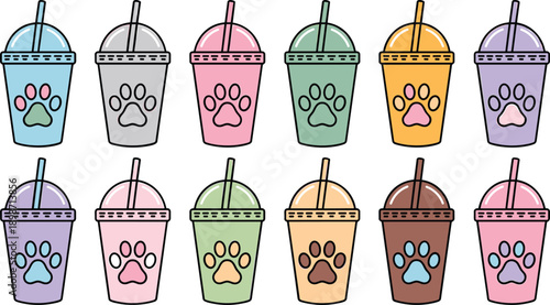 Cute pet drink cup icon set vector. Colorful takeaway cups with paw prints, playful cartoon beverages for cafe, pet shop, and sticker designs.