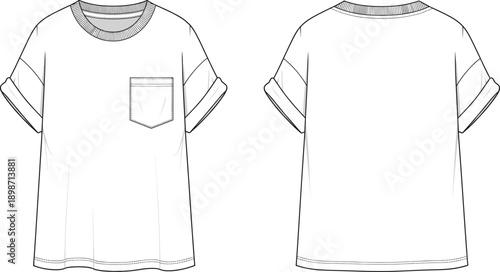 Crew neck t-shirt flat outline illustration. Front and back views with rolled sleeves and chest pocket detail. Clean vector garment drawing for casualwear design and apparel mockups.
