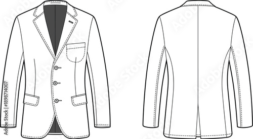 Formal suit jacket outline vector. Front and back views displaying tailored fit, lapel shape and pocket placement. Clean garment line illustration for menswear design and fashion documentation.