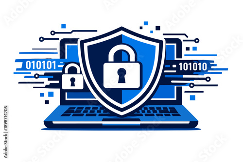 Digital security concept with laptop, shield, and binary code