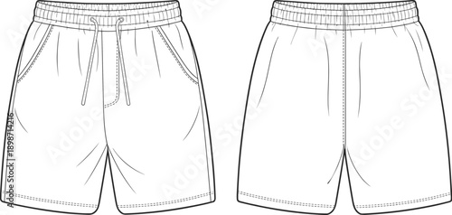 Elastic waist shorts technical vector illustration. Front and back views with drawstring, hem and seam details. Minimal line garment drawing for sportswear and casual apparel design.