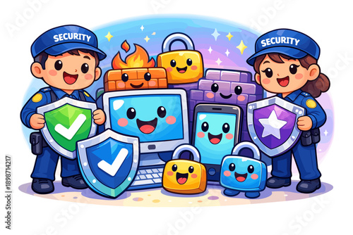 Cute cartoon security guards protect digital devices and data with shields and firewalls
