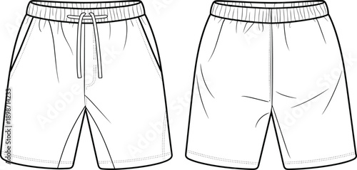 Relaxed fit shorts technical line illustration. Front and back garment views showing elastic waistband, drawcord and seam flow. Minimal vector drawing for everyday apparel and sportswear planning.