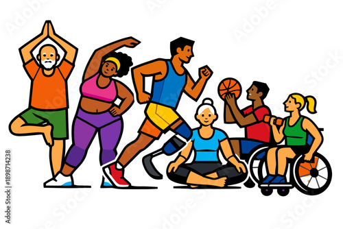 Diverse group of people of all ages and abilities engaged in various healthy activities