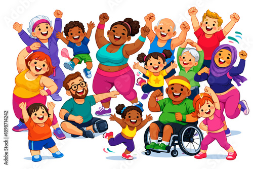 Diverse group of people of all ages and abilities celebrating fitness and joy together