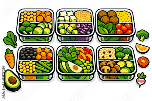 Healthy meal prep containers filled with colorful and nutritious plant-based foods