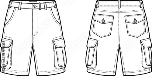 Utility cargo shorts line diagram. Front and back apparel views with belt loops, flap pockets and seam details. Clean technical vector illustration for workwear and outdoor clothing design.