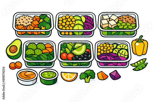 Healthy meal prep containers filled with colorful vegetables and grains for balanced nutrition