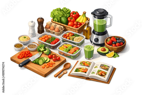 Healthy meal prep with fresh ingredients and cooking accessories