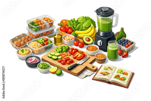 Healthy ingredients and prepared meals for a nutritious lifestyle and balanced diet