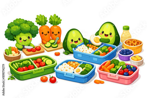 Cute cartoon vegetables and fruits preparing healthy lunch boxes for school