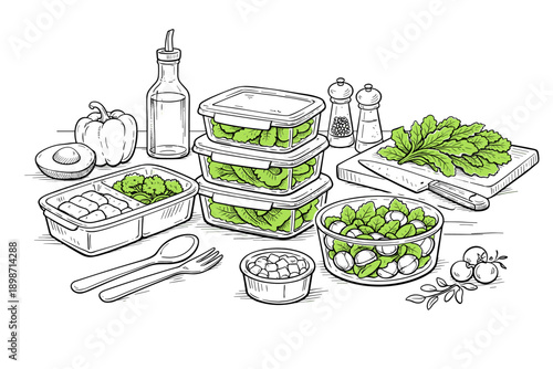 Healthy meal prep with fresh ingredients and containers for organized eating