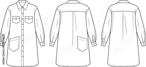 Buttoned long tunic shirt technical drawing. Multiple garment views showing pocket placement and back pleat structure. Minimal line vector for apparel planning and fashion documentation.