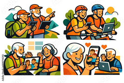 Active seniors embracing technology for travel, communication, and family connections
