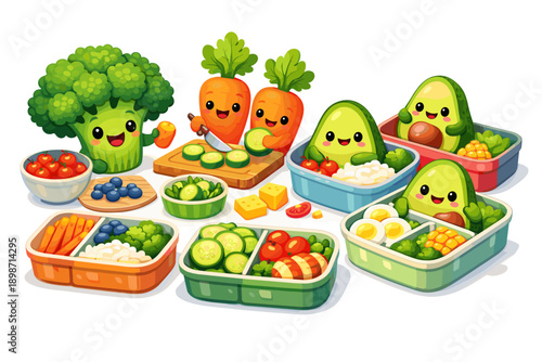 Cute cartoon vegetables and fruits preparing healthy lunch boxes with happy faces