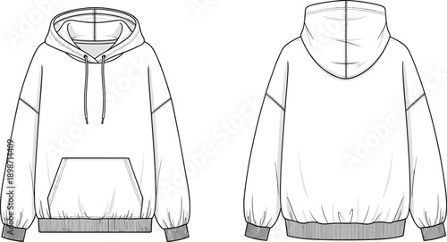 Hooded sweatshirt technical illustration. Front and rear apparel views showing pocket, cuffs and hem construction. Minimal black line clothing diagram for fashion production and garment specification.