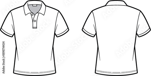 Polo shirt outline vector illustration. Front and back views with short sleeves and collar. Clean black line art clothing template for apparel and fashion design use.