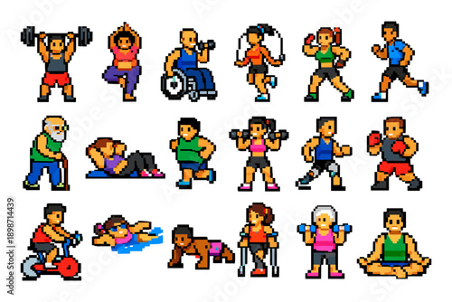 Pixel art collection of diverse people engaged in various fitness activities and sports