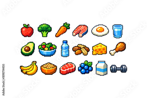 Pixel art icons of healthy food and fitness items for a balanced lifestyle