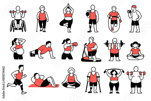 Diverse group of people engaging in various fitness activities and exercises